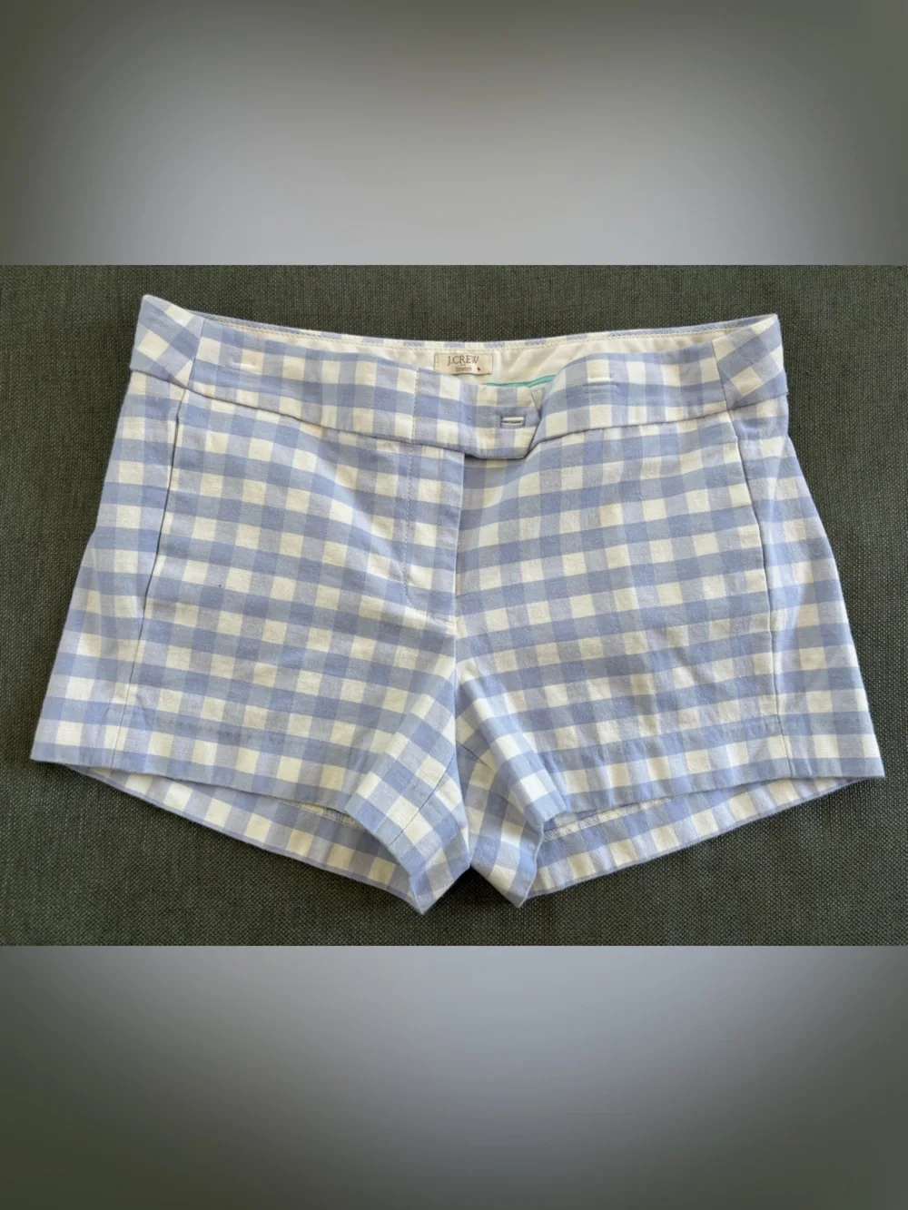 J. Crew Green Pencil Skirt with Light Blue/White Gingham Shorts